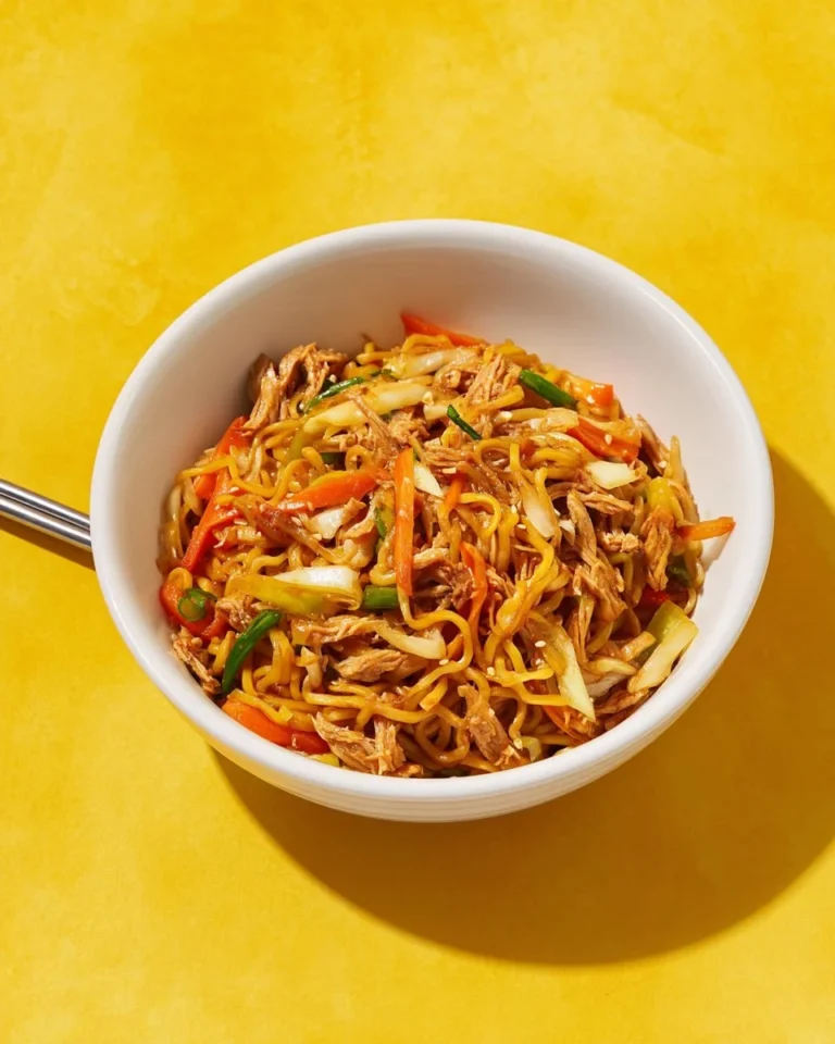 Bol de nouilles express avec porc effiloché, légumes d'hiver et cacahuètes