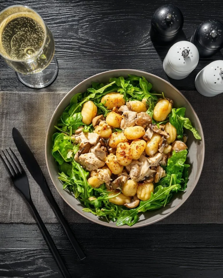 Plate of gnocchi with chicken, cured ham, and sage butter sauce.