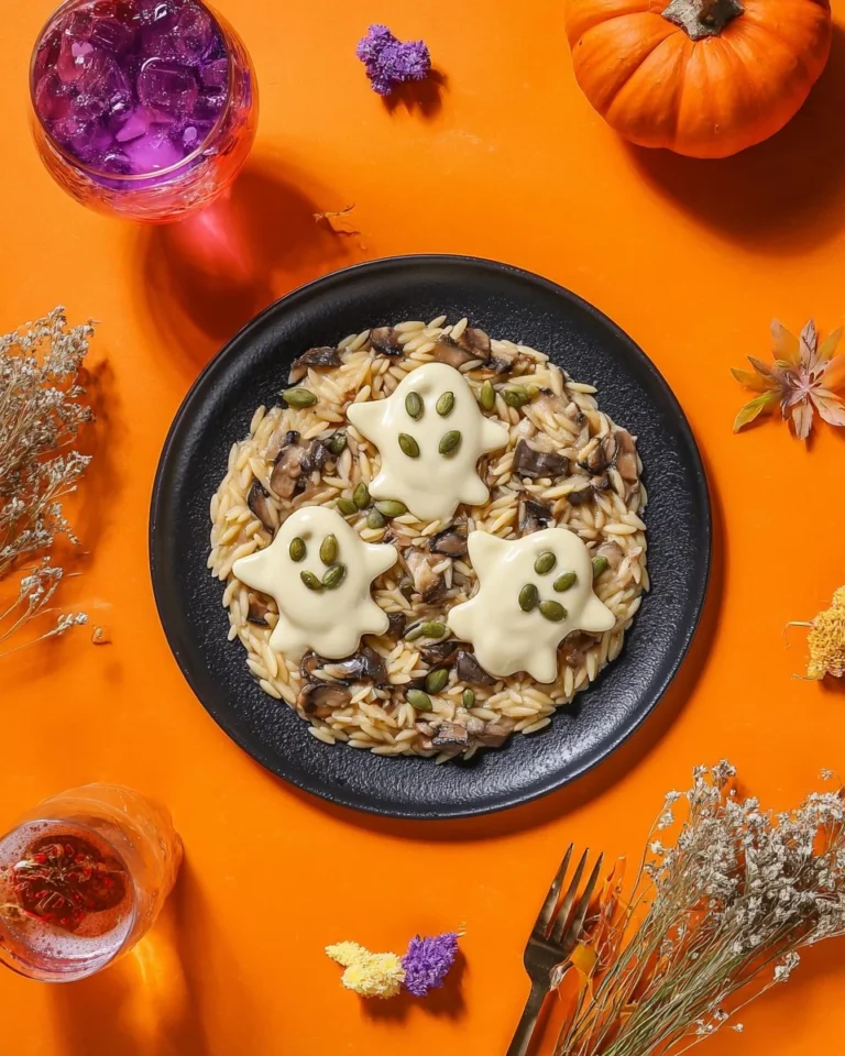Haunted Mushroom Orzotto with Mozzarella Ghosts served in a spooky dish
