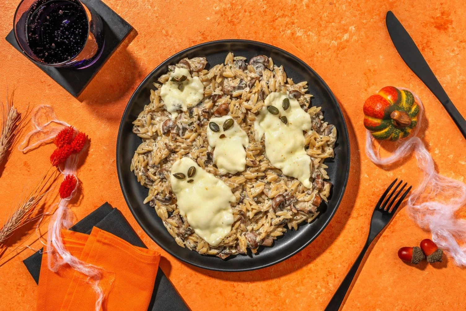 Haunted Mushroom Orzotto with Mozzarella Ghosts