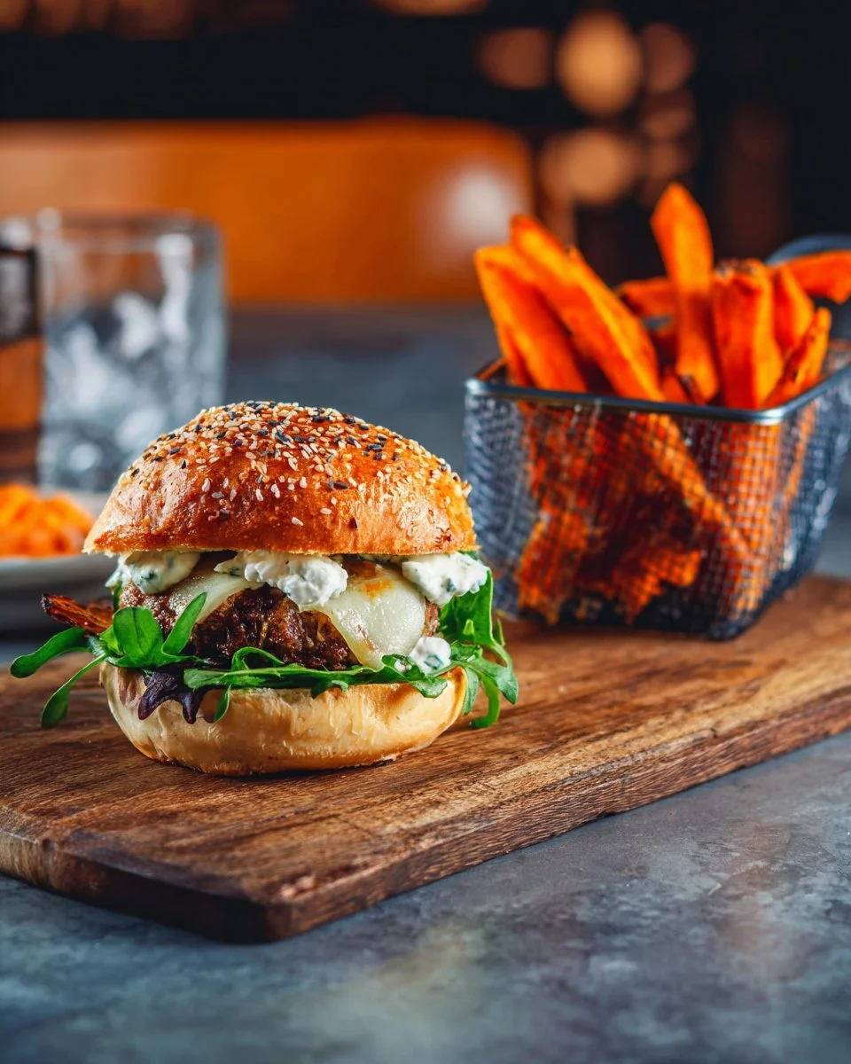 Le Burger Ultime : Tomme et Oignons Caramélisés avec Carottes Rôties et Mayo aux Ciboules