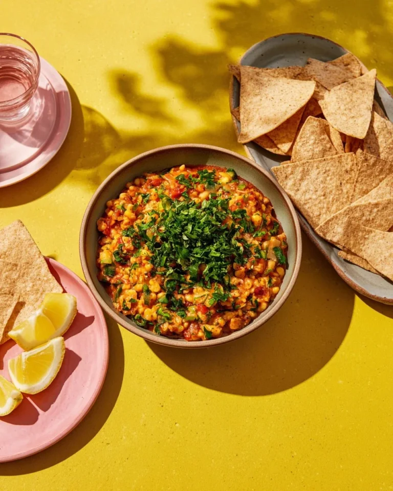 Bowl of Lemon Lentil and Chorizo Soup garnished with fresh herbs