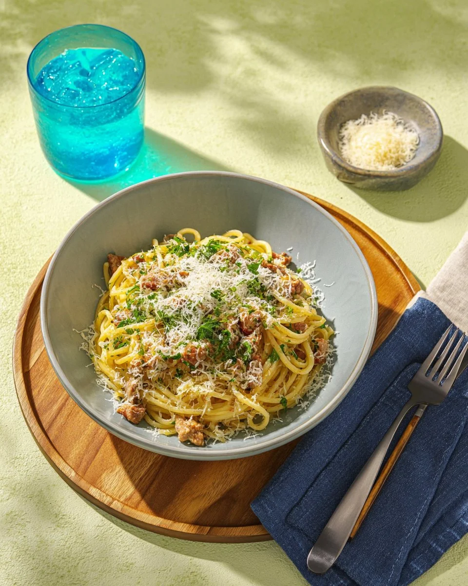 Linguine sausage with fennel and basil cream sauce served in a bowl