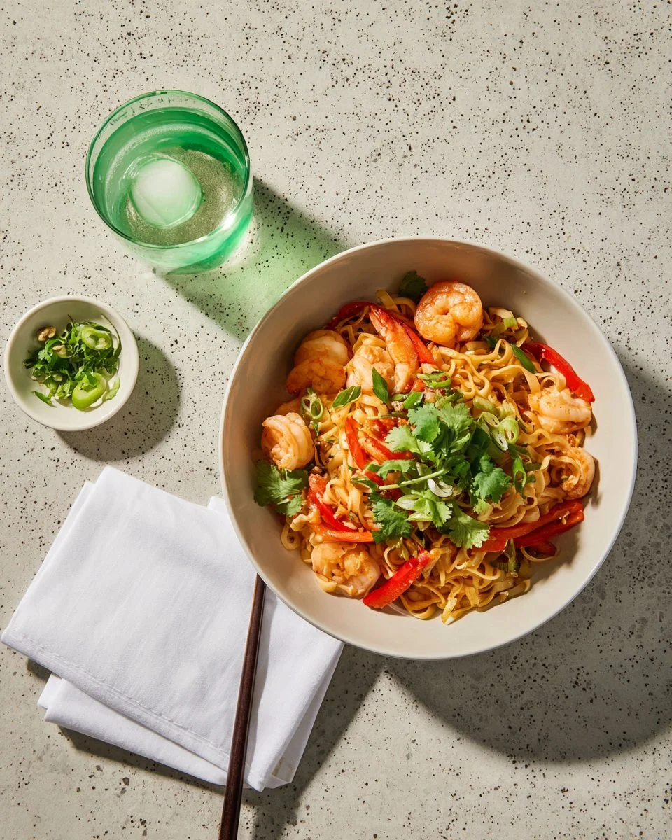 Nouilles sautées aux crevettes et légumes