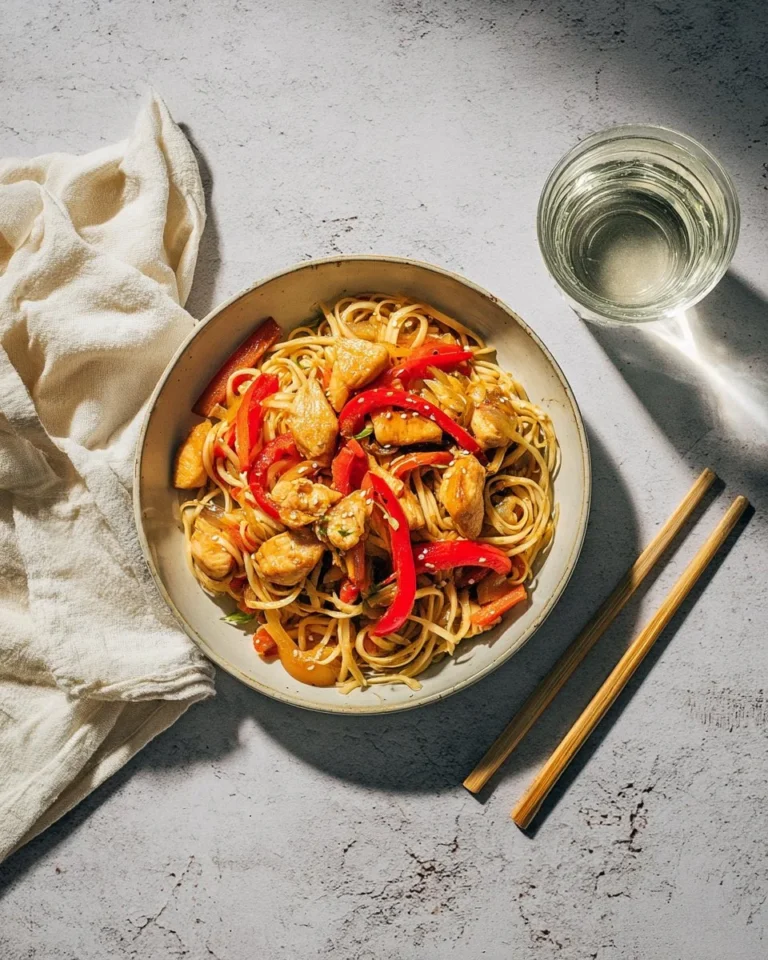 Nouilles soba au poulet agrémentées de sauce Bulgogi dans une assiette élégante.