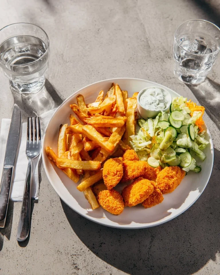 Nuggets de légumes avec mayo à l'aneth et frites au paprika, plat appétissant et sain