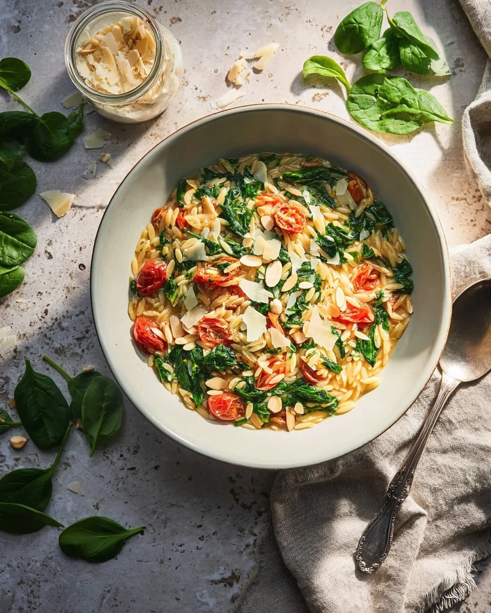Bowl of orzo pasta with spinach and cherry tomatoes garnished with herbs