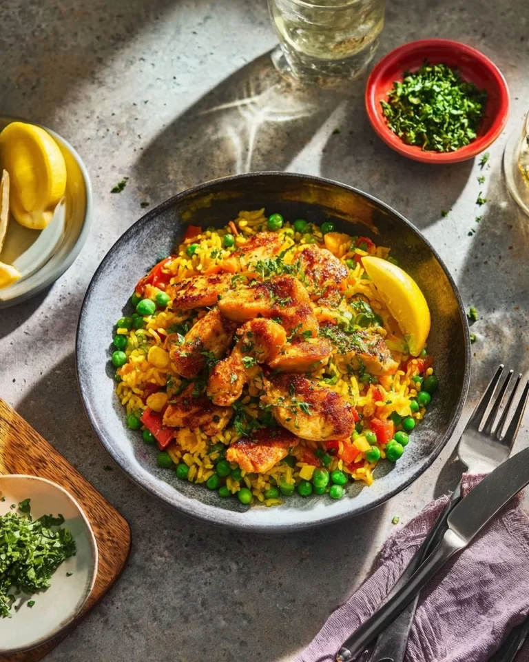 Paella style vegetable rice dish with halloumi cheese on a plate