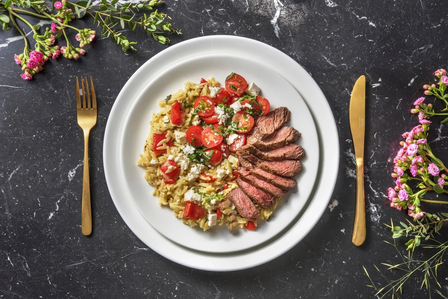 Pavé de Boeuf et Orzo Méditerranéen