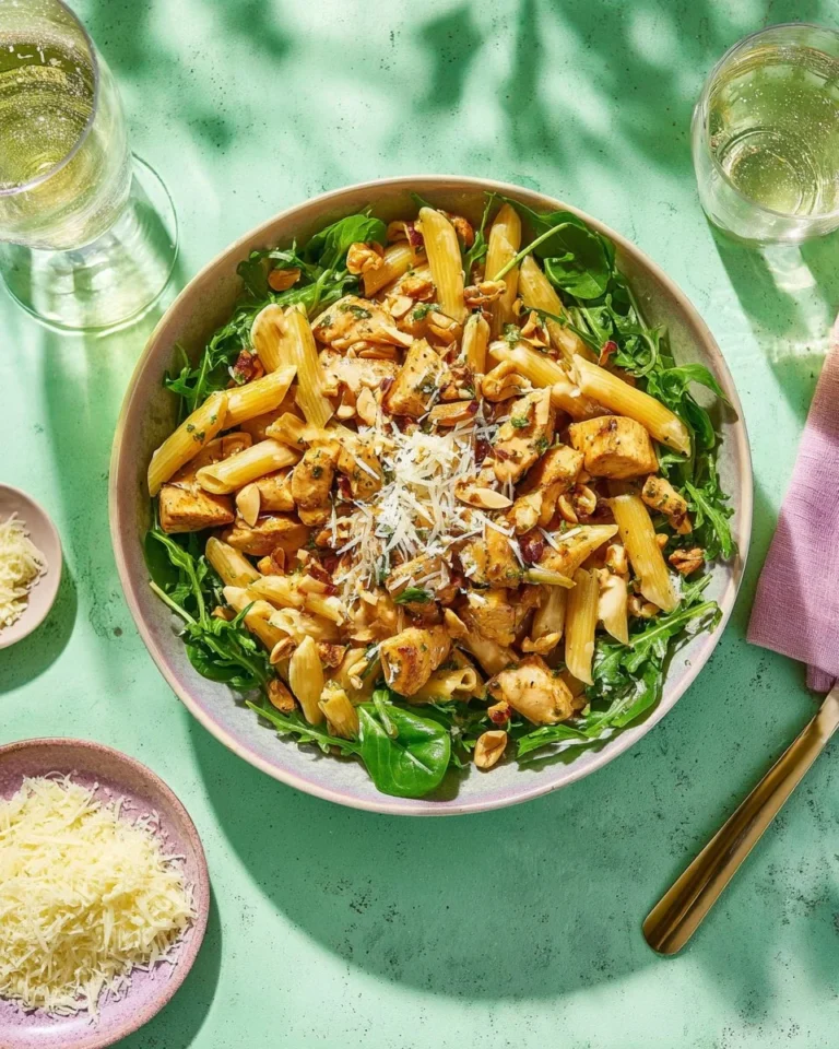 Penne au poulet avec accompagnement forestier sur une assiette