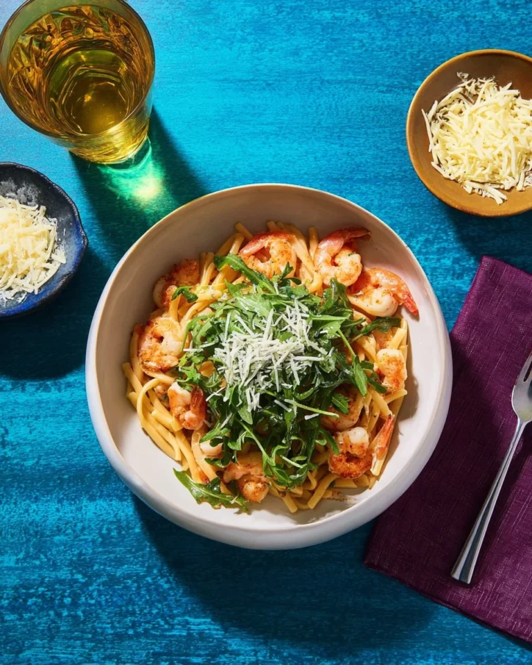 Penne pasta avec crevettes et pesto rouge dans une assiette
