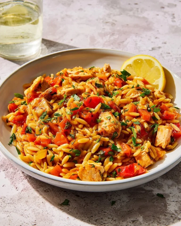 Plate of Red Orzo with Label Rouge chicken, chorizo, and grilled bell peppers