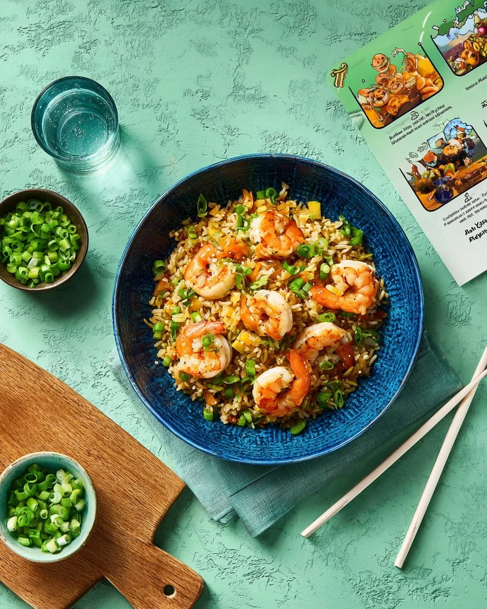 Riz sauté crevettes avec sauce soja dans un plat appetissant