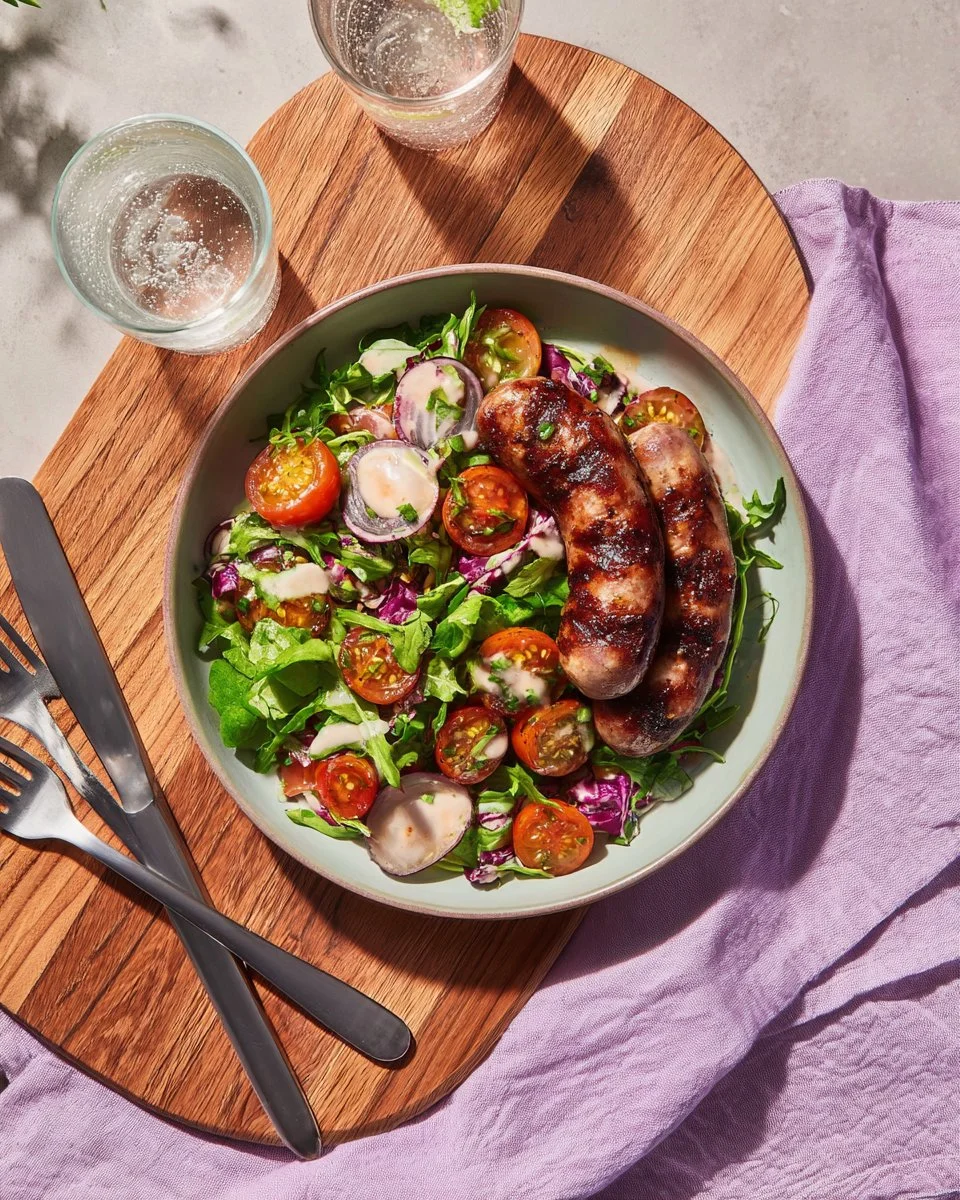 Salade de haricots et merguez à la tomate cerise avec labneh
