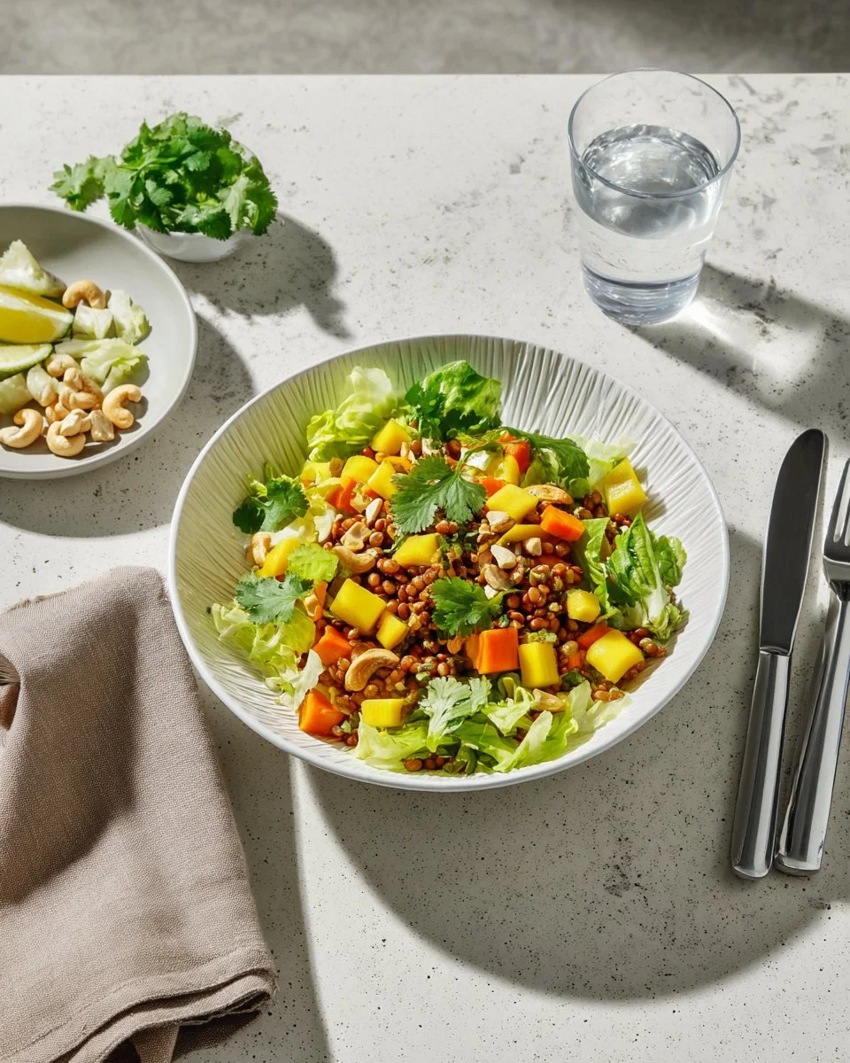 Salade de lentilles avec mangue fraîche et légumes colorés