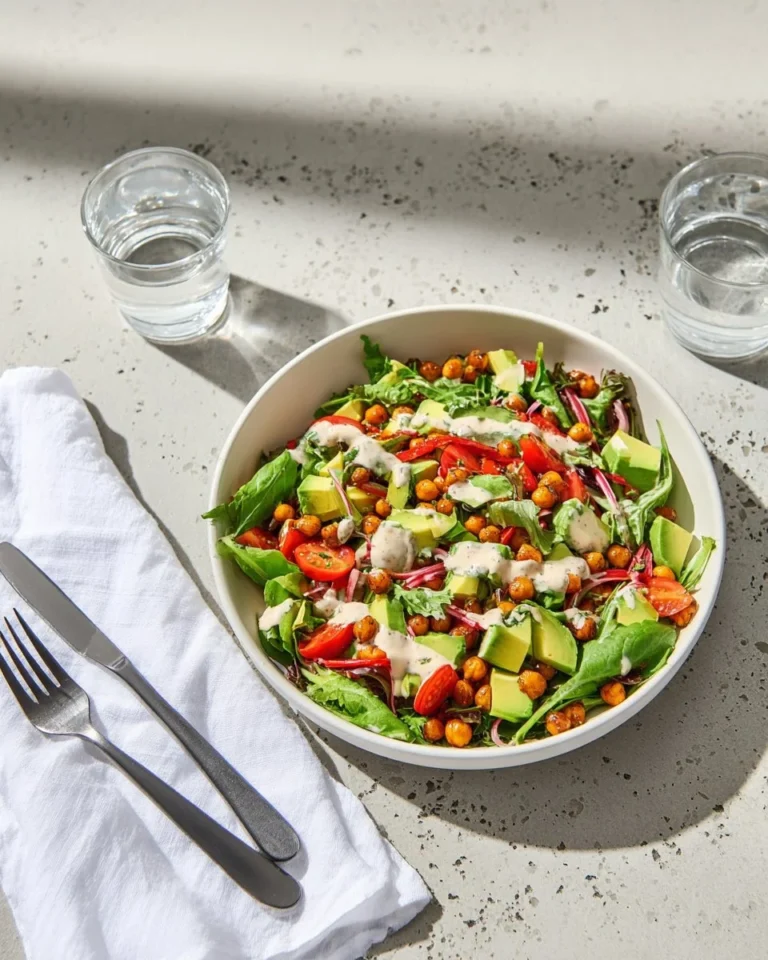 Salade de pois chiches rôtis avec avocat et fromage sur une assiette