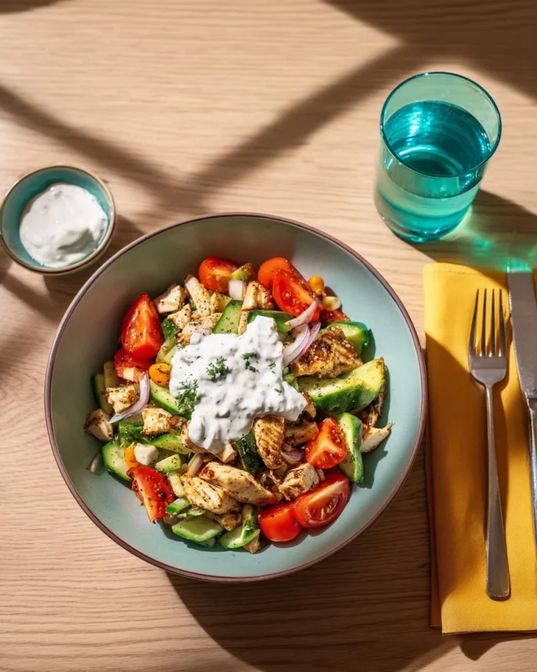 Salade de poulet et pois chiches avec labneh aux herbes et zaatar dans un bol