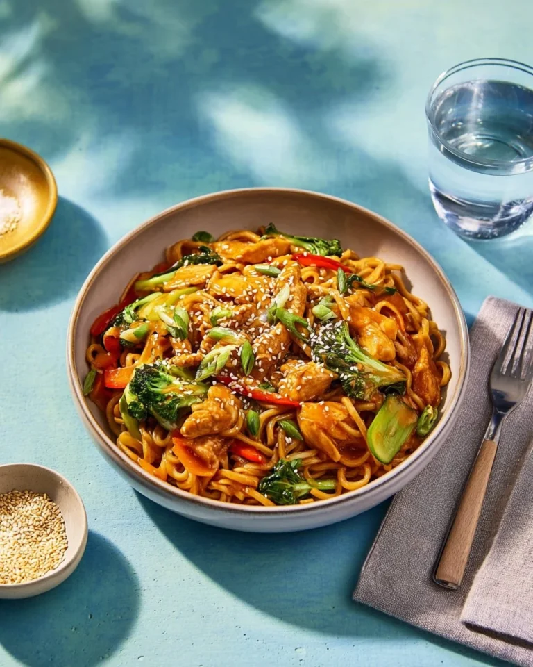 Salade de poulet veggie avec vinaigrette aux cacahuètes et nouilles