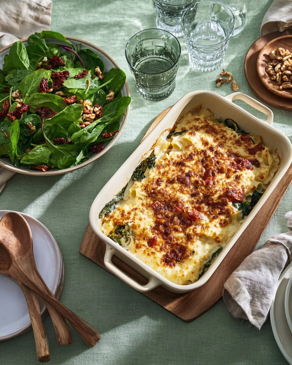 Delicious salmon lasagna with spinach and ricotta on a plate.