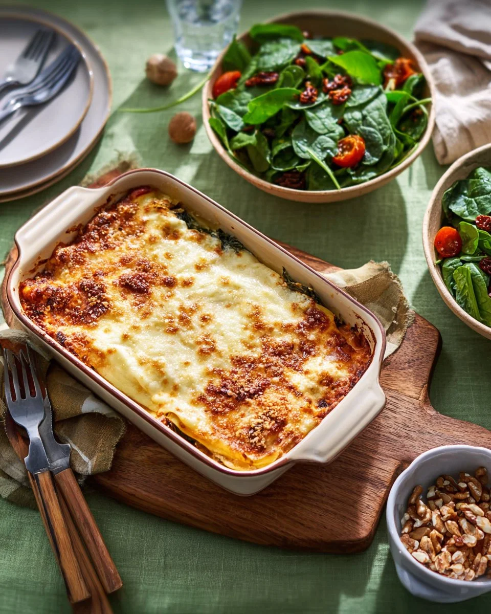 Salmon Spinach Ricotta Lasagne with Pecorino and Hazelnut Salad