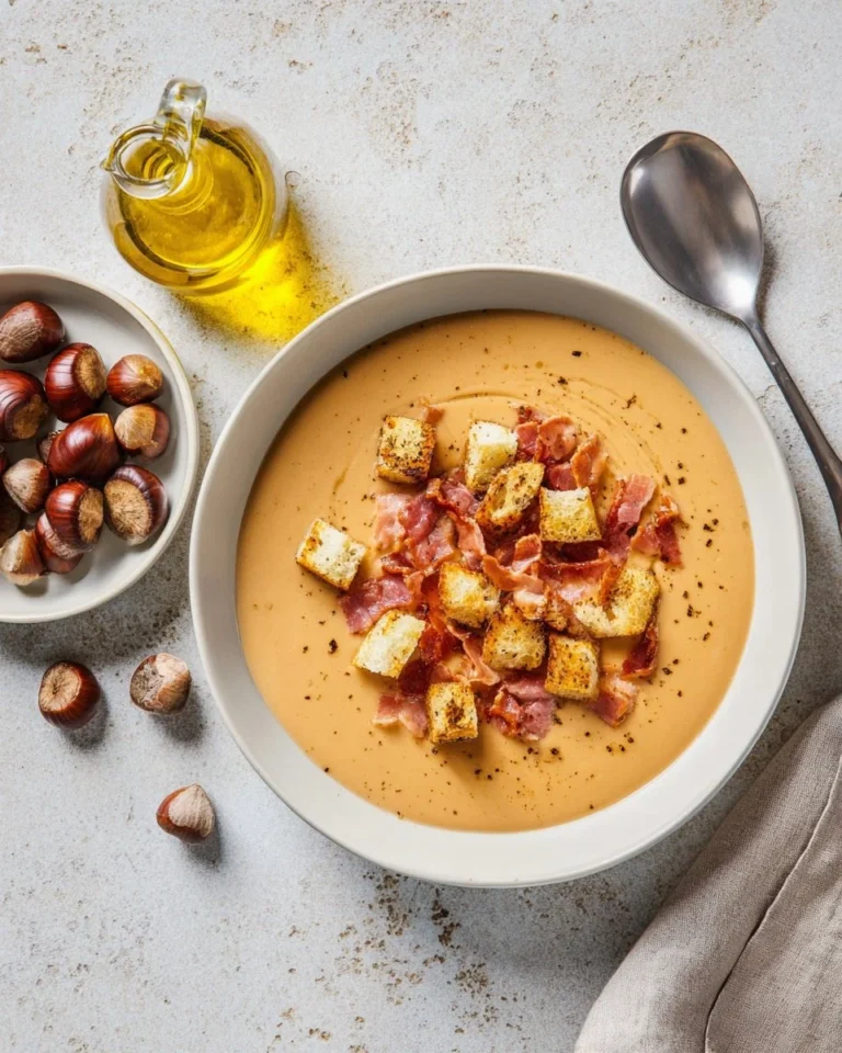 Soupe de marrons fumés et de bacon servie dans un bol