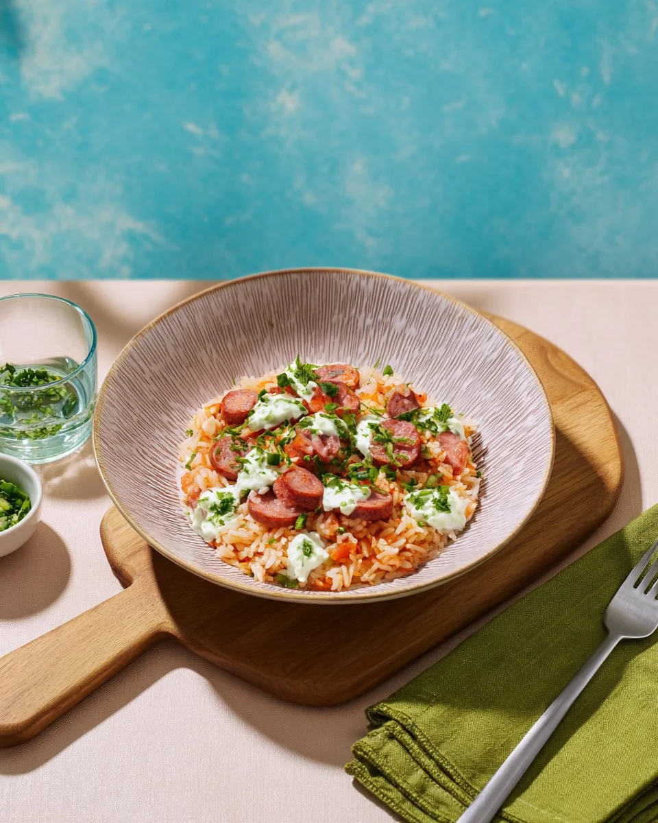 Smoked sausage with Piri-Piri spiced rice on a plate