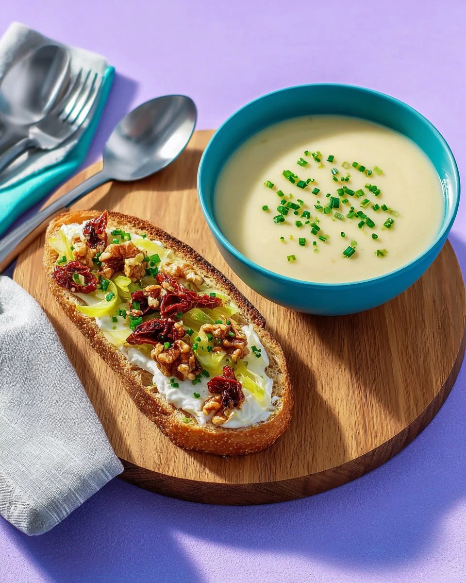Soupe poireaux bacon gourmande servie avec tartines croustillantes