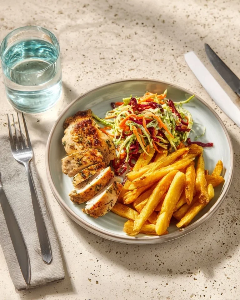 Steak de boeuf doré avec salade de betterave et frites sur une assiette élégante