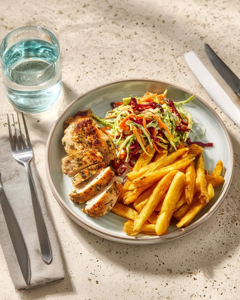 Steak de boeuf doré avec salade de betterave et frites sur une assiette élégante