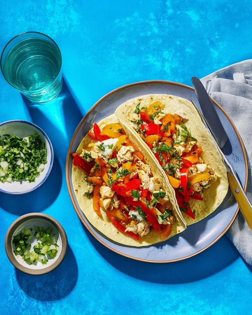 Tacos garnis de pollock et chutney d'abricot sur une assiette appétissante.