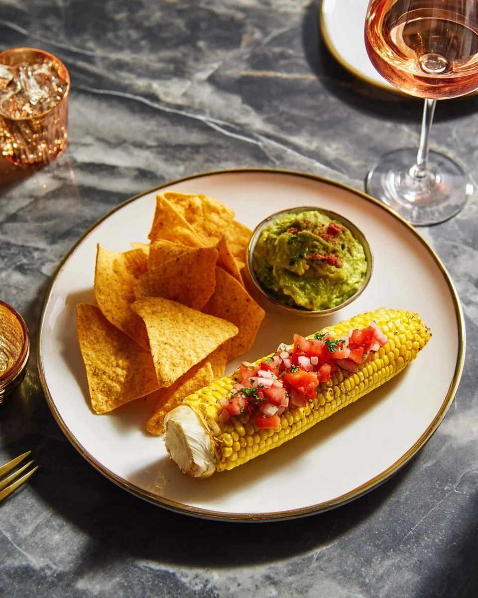 Tacos de poisson avec guacamole, maïs grillé et salsa dans une assiette colorée