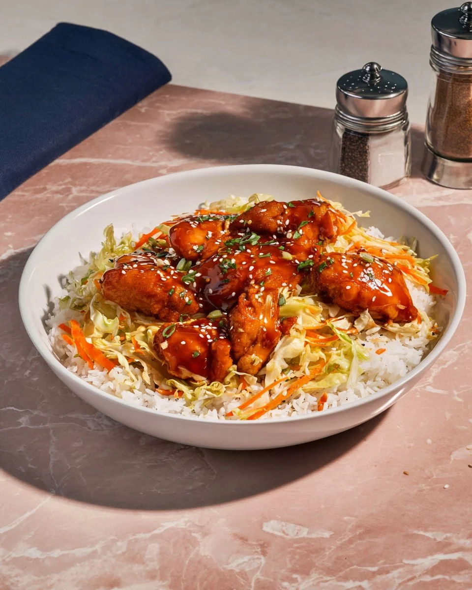 Filets de poulet teriyaki avec légumes sautés et riz brun pré-cuit