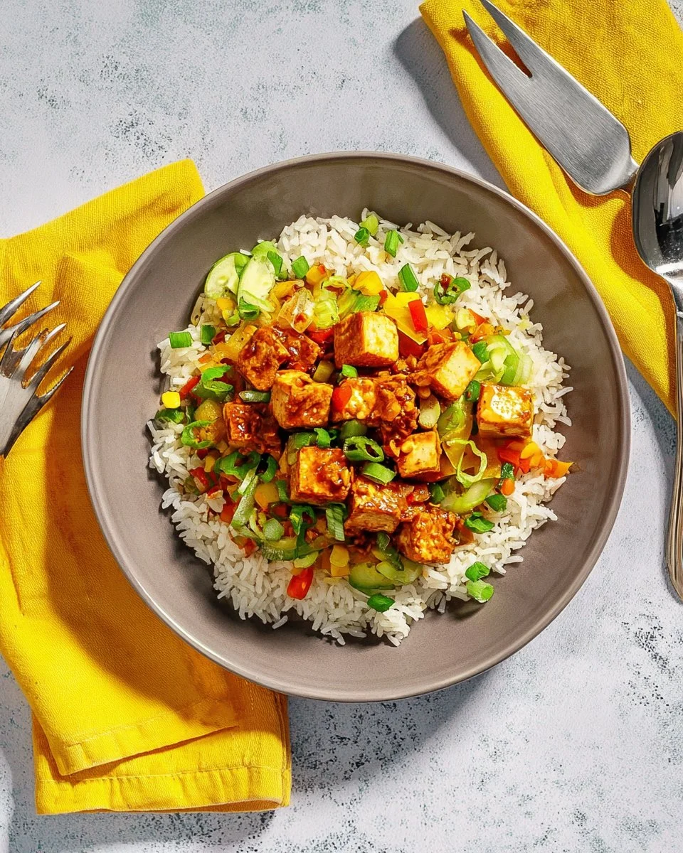 Tofu Satay avec carottes et oignons frits, plat savoureux et sain.