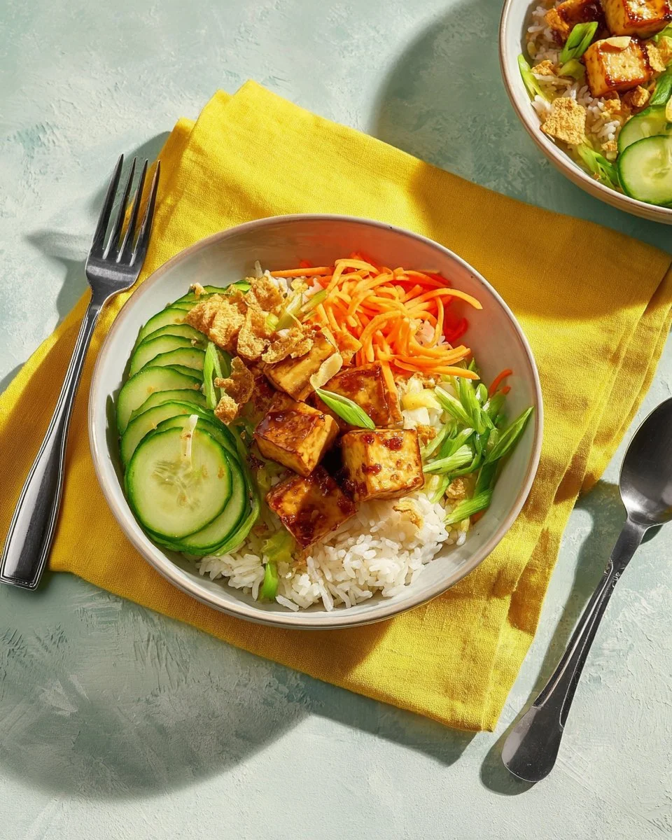 Tofu satay servi avec du riz et des concombres sucrés-aigres