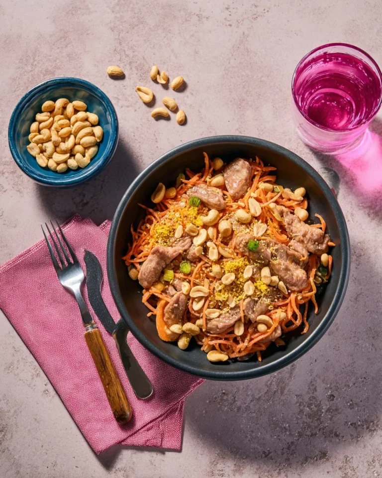 Udon noodles express avec dinde, sauce satay et cacahuètes sur une assiette