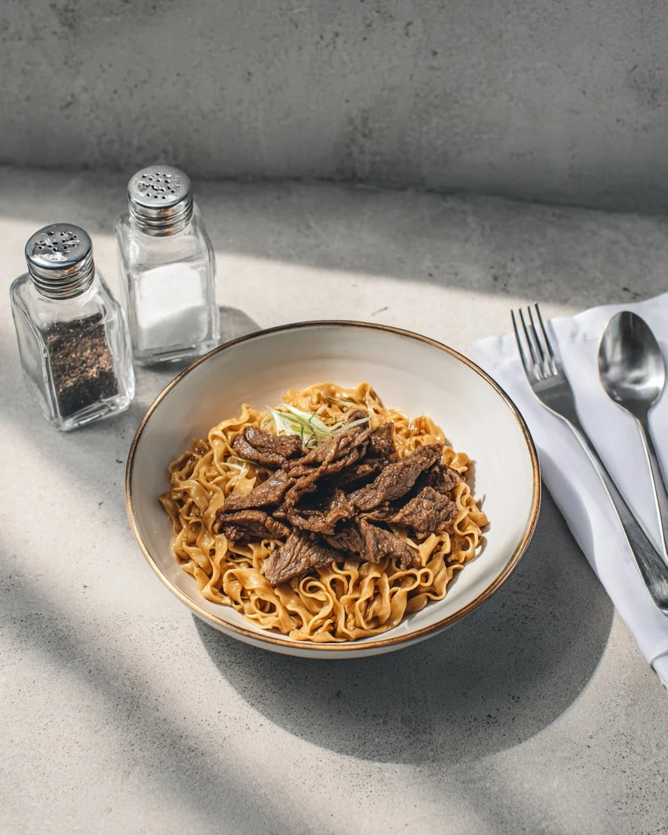 Nouilles de blé entier sautées avec du boeuf mariné dans une assiette