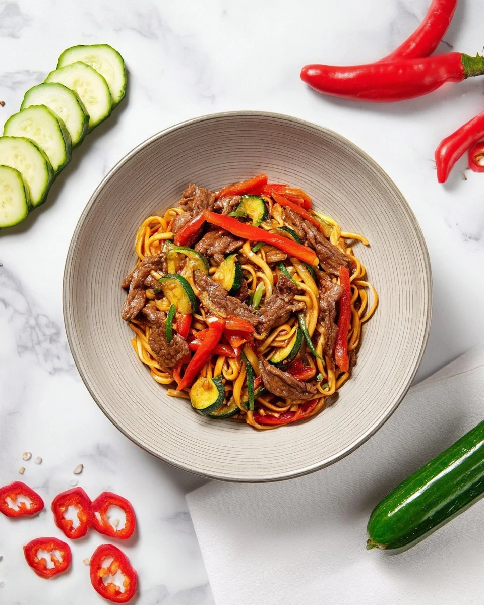 Wok de nouilles sautées avec bœuf et légumes colorés