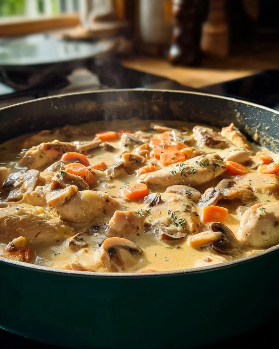 Blanquette de poulet aux champignons servie avec des légumes