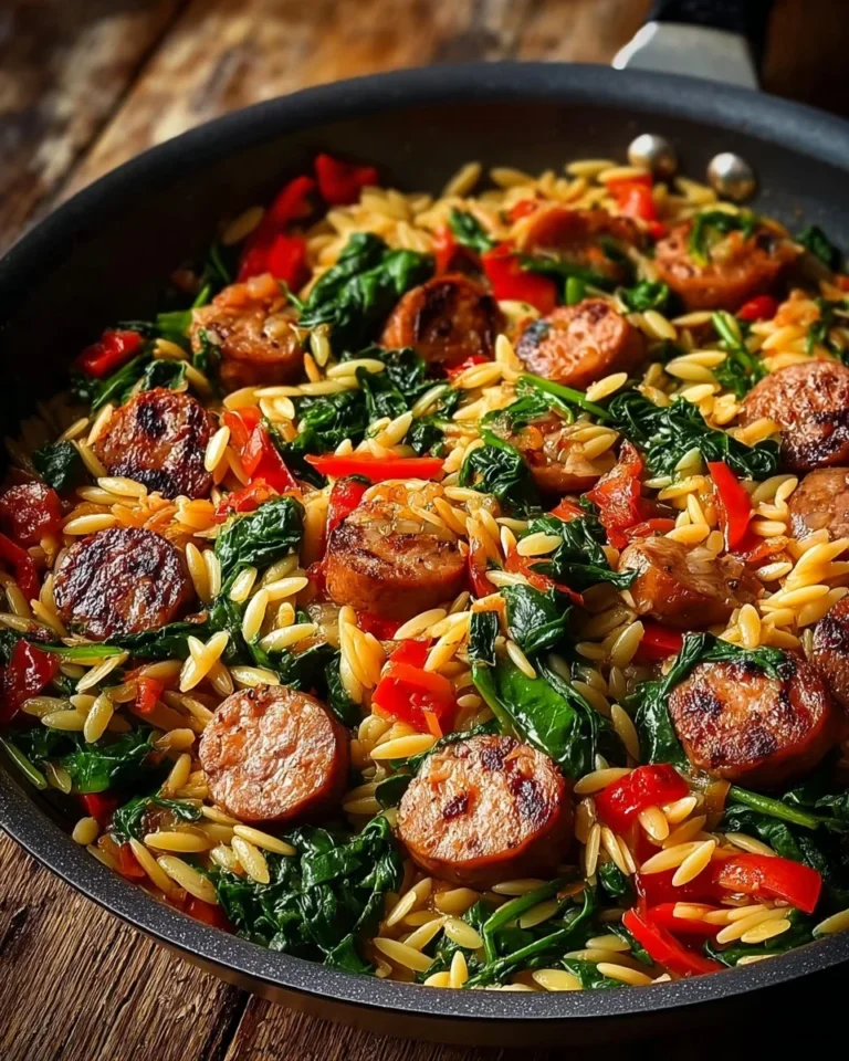 Poêlée de saucisse et orzo garnie de légumes colorés