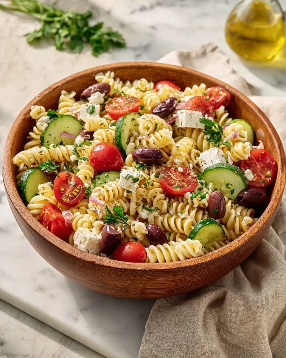 Salade de pâtes à la grecque avec légumes frais et herbes