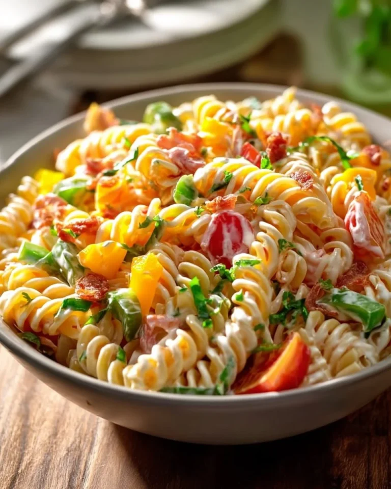 Salade de pâtes au ranch et aux lardons servie dans un bol