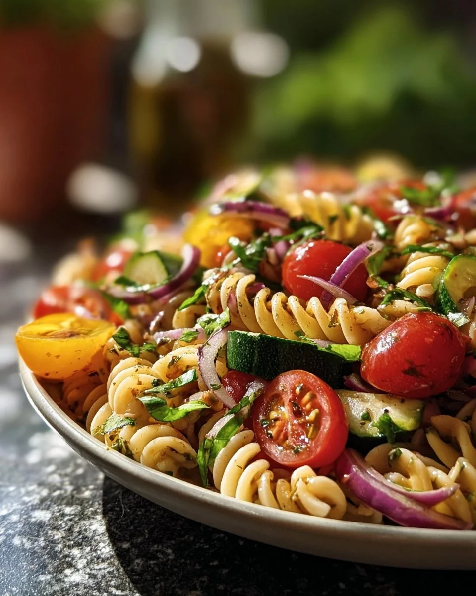 Salade de pâtes aux légumes frais dans un bol coloré