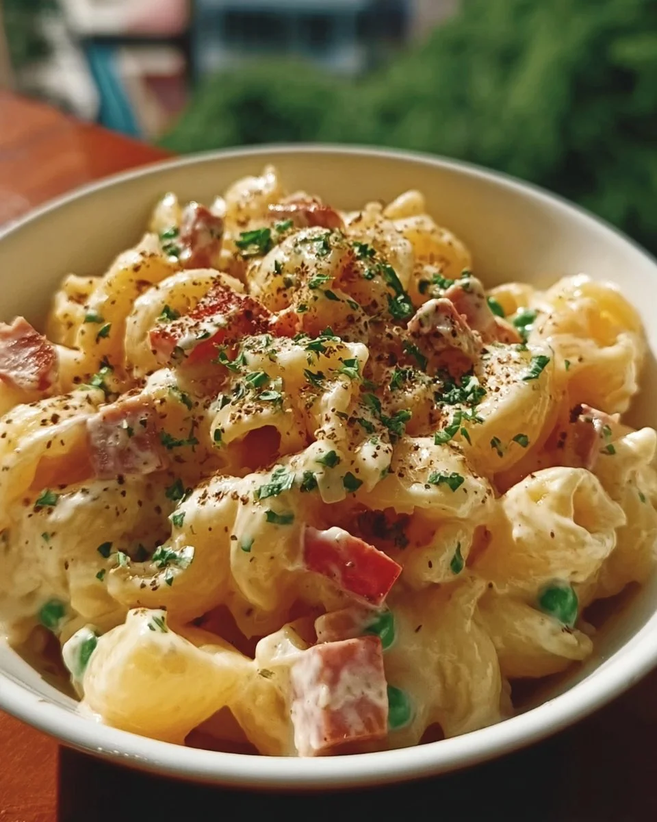 Salade de pâtes crémeuse garnie de légumes frais et sauce onctueuse