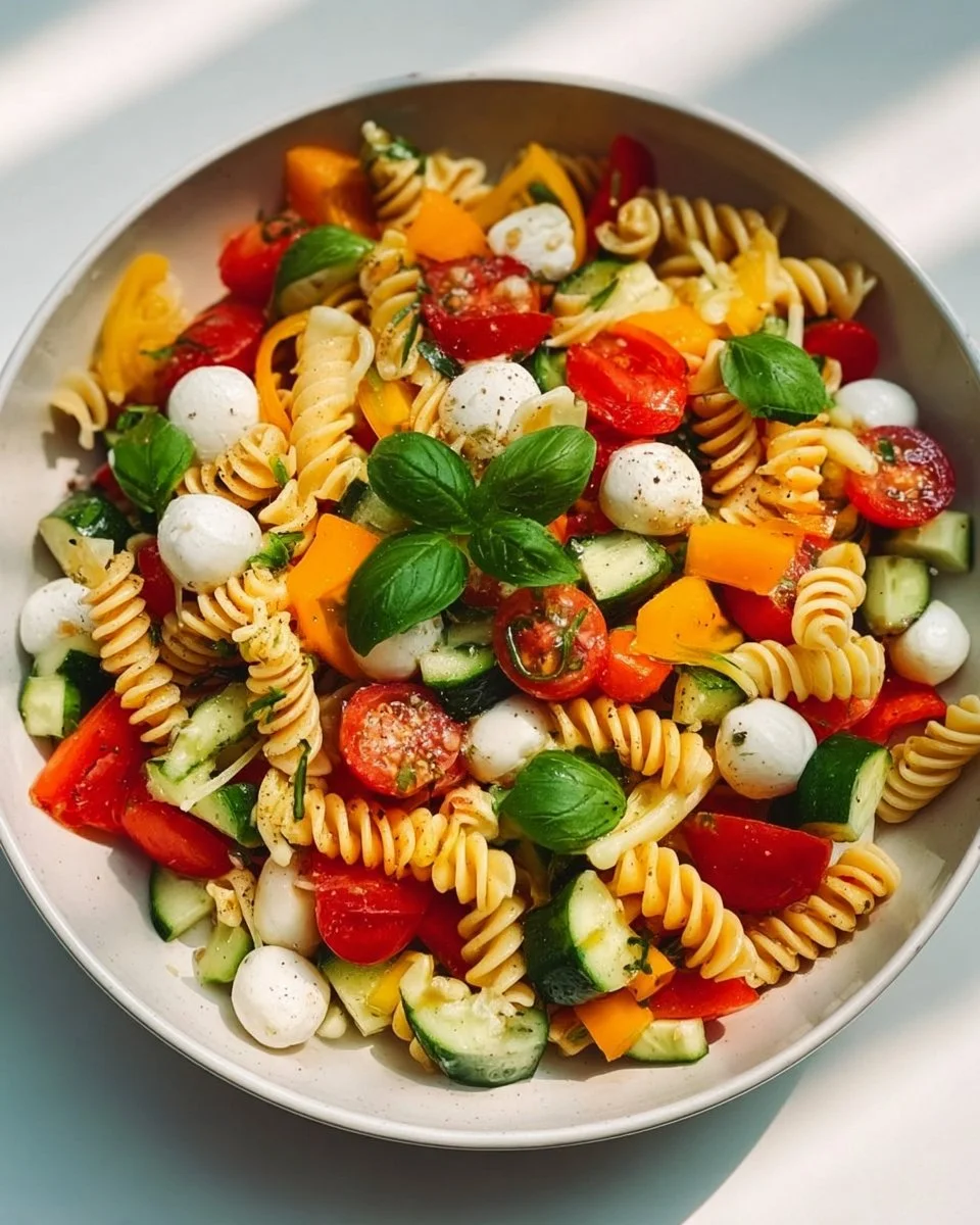 Salade de pâtes froide avec légumes frais et vinaigrette