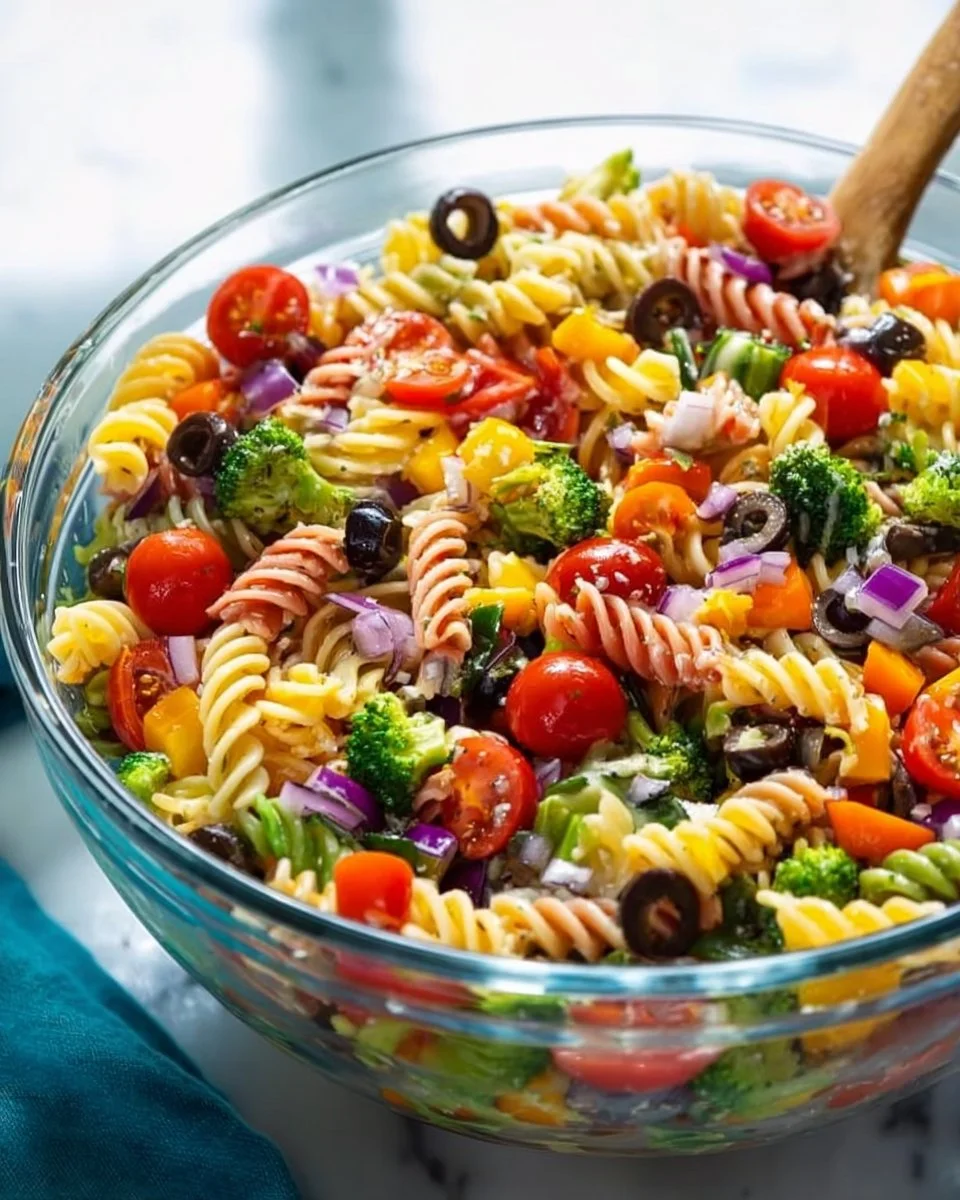 Salade de pâtes froide colorée avec des légumes frais et une vinaigrette alléchante