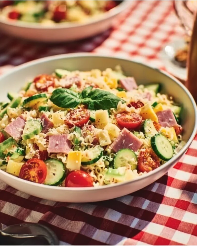 Salade de pâtes froides avec légumes colorés et sauce légère
