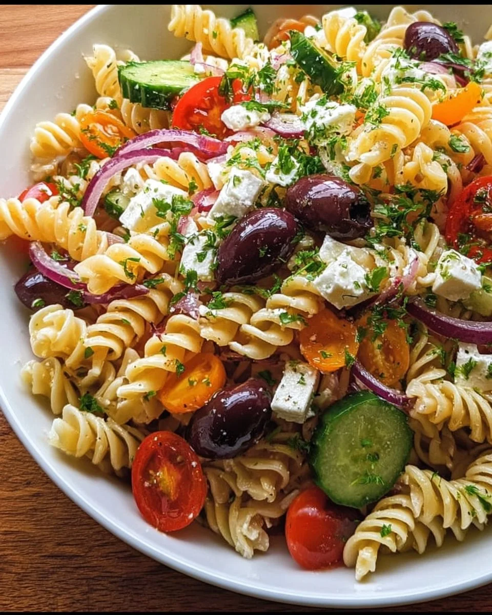 Salade de pâtes grecques fraîche avec légumes colorés et fromage feta