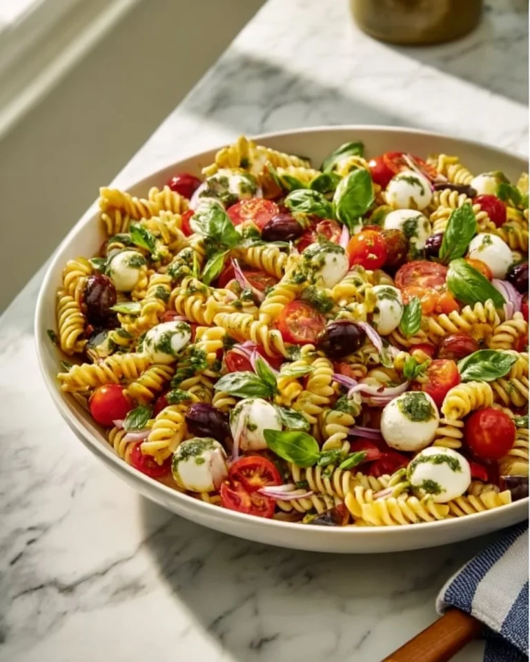 Salade de pâtes italienne avec tomates, olives et basilic frais.