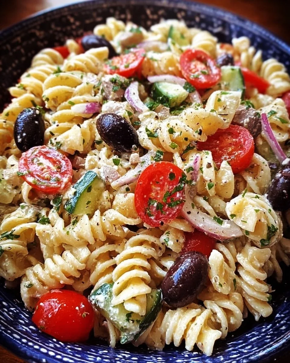 Salade de pâtes méditerranéenne avec légumes frais et herbes aromatiques