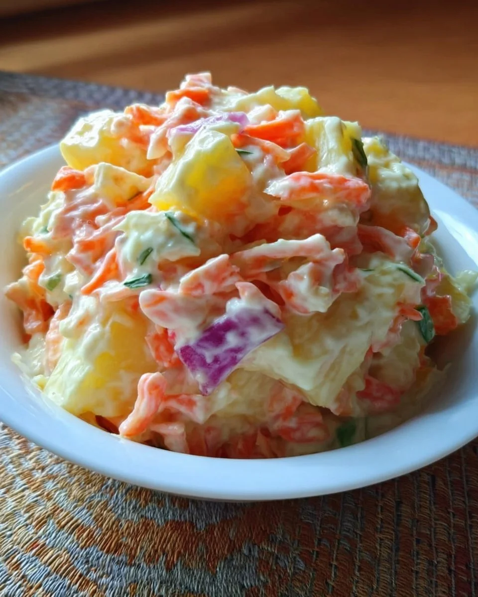 Salade froide au surimi et ananas prête à être servie dans un bol coloré.